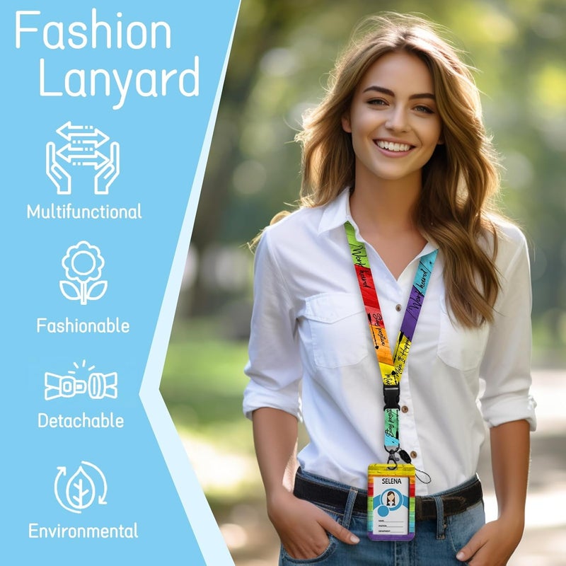 Piefly Lanyards for Id Badges, Positive Badge Holder with Retractable Reel Clip, Inspirational Quote Name Tag Keychain Rainbow Lanyard Vertical ID Card Protector for Women Nurse Doctor Teacher Student - Image 2